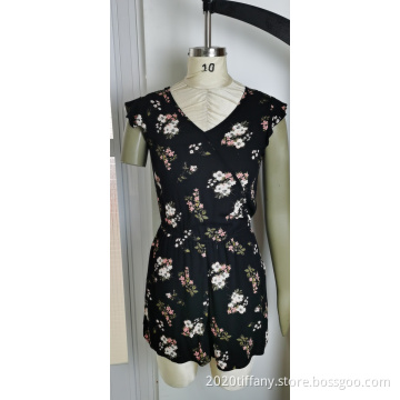 Women's Fashion Black Print V-Neck Short Sleeve Jumpsuits
